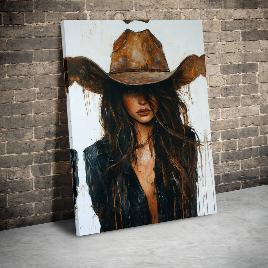 Western Cowgirl Canvas Wall Art | Abstract Cowboy Hat Oil Style | Premium Fade-Resistant Print | Rustic Farmhouse Home Decor Gift