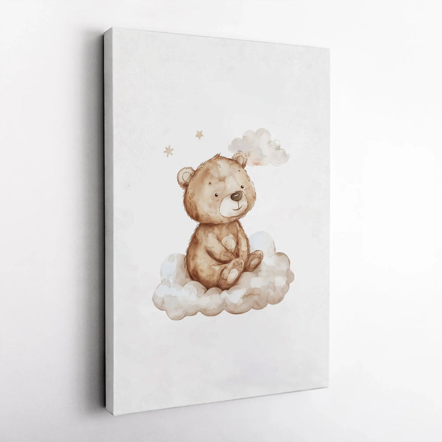Watercolor Teddy Bear Wall Art | Cute Nursery Decor Cloud Print | Premium Gallery Wrapped Canvas | Baby Shower Gift for Newborn Room