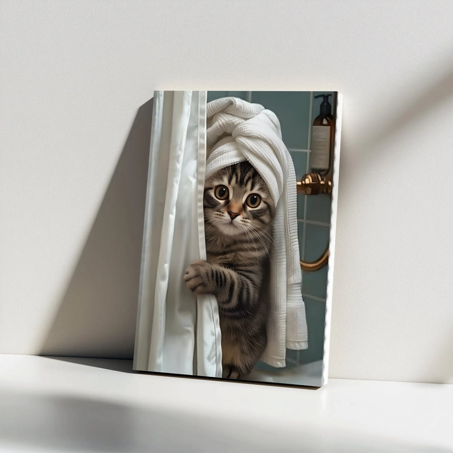 Cute Tabby Cat Canvas Print | Funny Shower Peeking Kitten Wall Art | 1.25” Gallery Wrapped Premium Decor | Bathroom Wall Decor for Cat Lovers