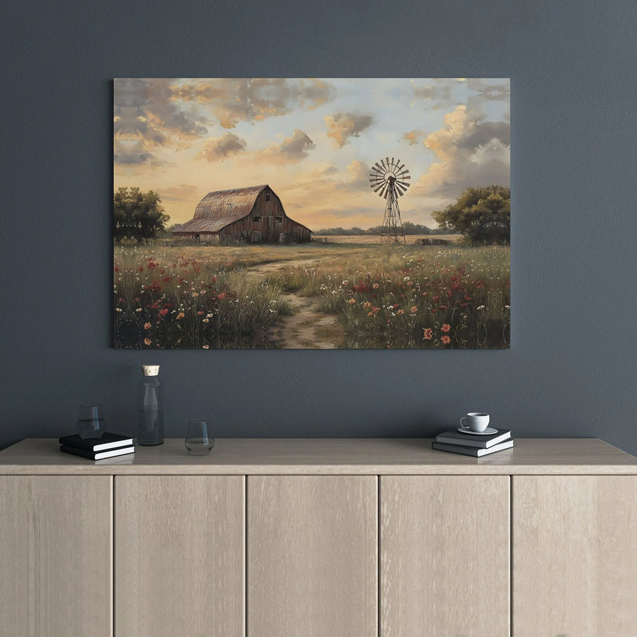 Rustic Barn Canvas Wall Art | Windmill Wildflower Meadow Landscape | Premium Gallery-Wrapped Print | Farmhouse Home Decor for Living Room
