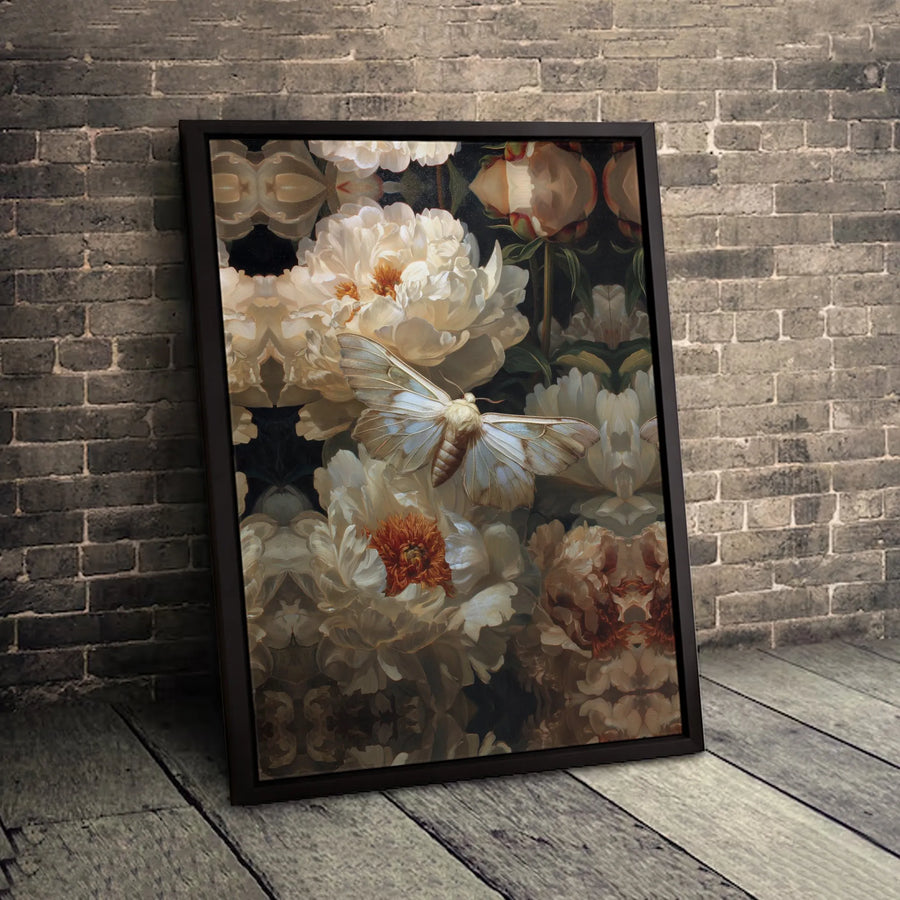 White Moth Canvas Wall Art | Botanical Peony Flower Painting | Premium Gallery Wrap Print | Vintage Nature Home Decor Gift