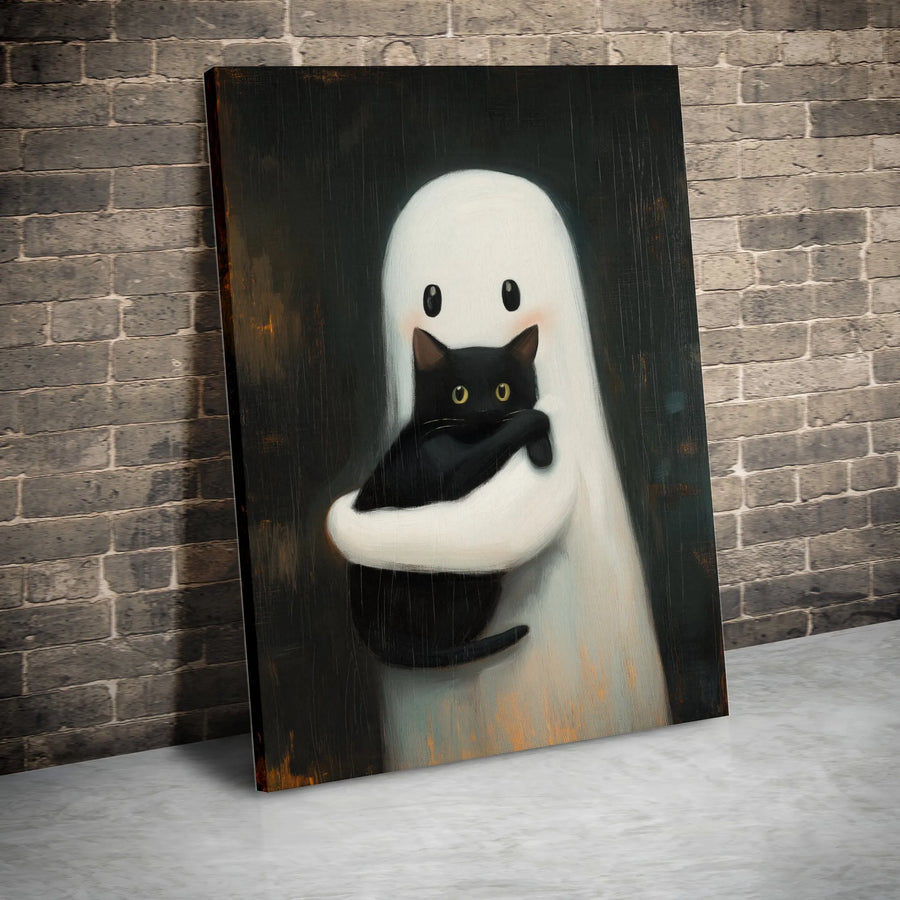 Cute Ghost Holding Black Cat Canvas | Whimsical Spooky Animal Wall Art | Premium Gallery Wrapped | Perfect Halloween Decor Gift