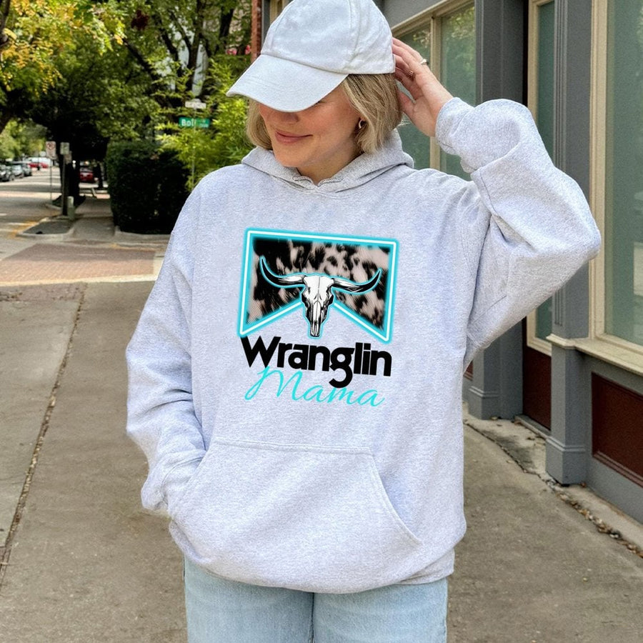 Wranglin Mama Hoodie | Western Cow Skull Graphic & Cow Print | Cotton-Polyester Blend | Trendy Country Mom Gift