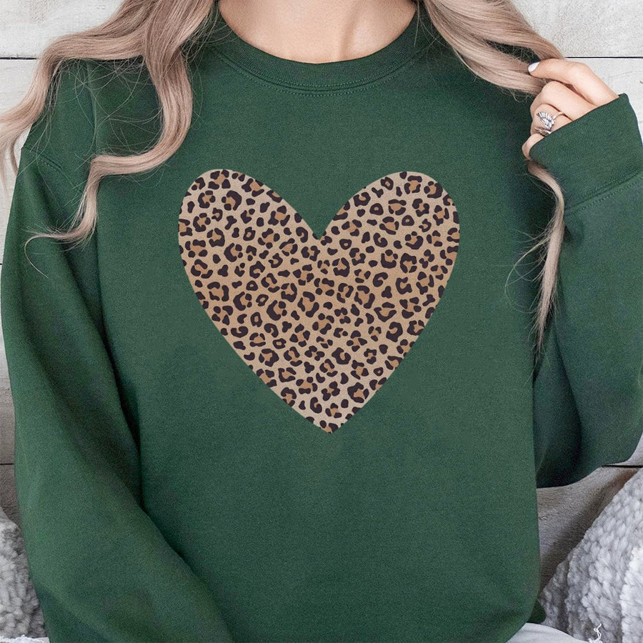 Leopard Print Heart Sweatshirt | Cozy Animal Pattern Graphic Crewneck | Premium Cotton-Poly Blend | Cute Valentine's Day Gift For Her