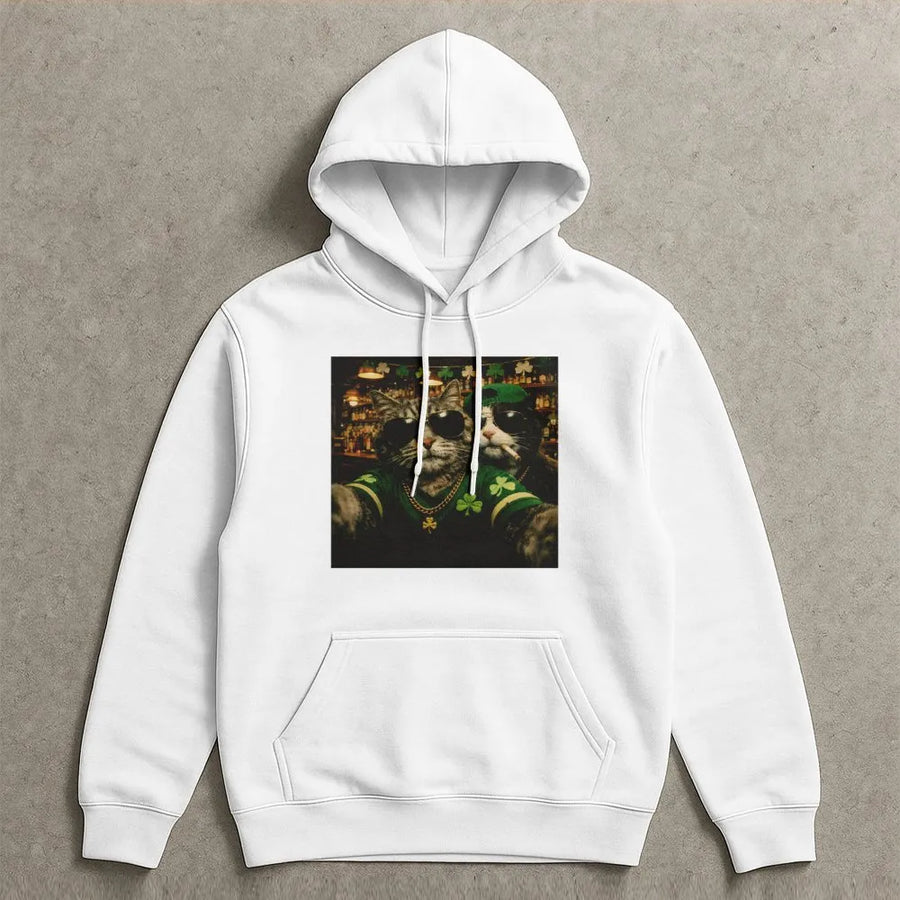 St Patrick's Day Hoodie | Funny Cool Cats Selfie Graphic | Premium Cotton Blend Unisex Sweatshirt | Gift for Cat Lovers