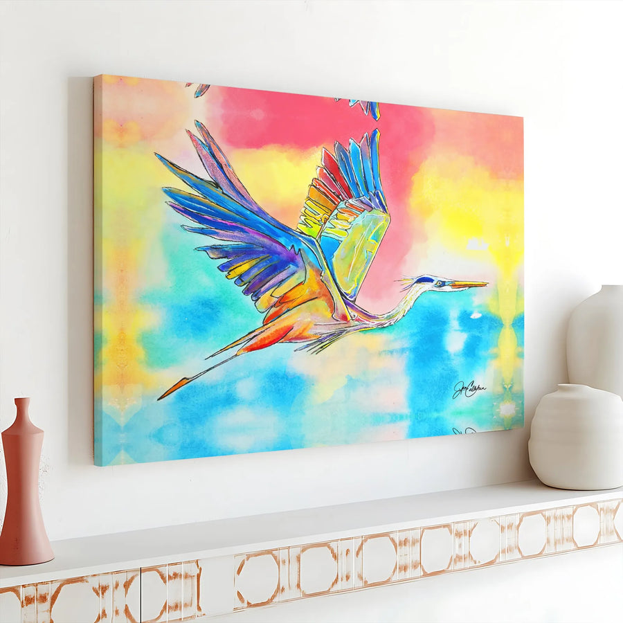 Colorful Heron Canvas Wall Art | Vibrant Watercolor Bird Painting | Premium Gallery Wrapped Canvas | Modern Coastal Home Decor Gift