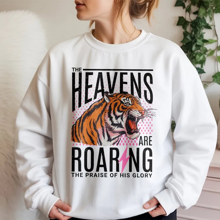 Christian Sweatshirt | Heavens Are Roaring Tiger Graphic | 90s Aesthetic Soft Pullover | Religious Faith Gift for Men & Women