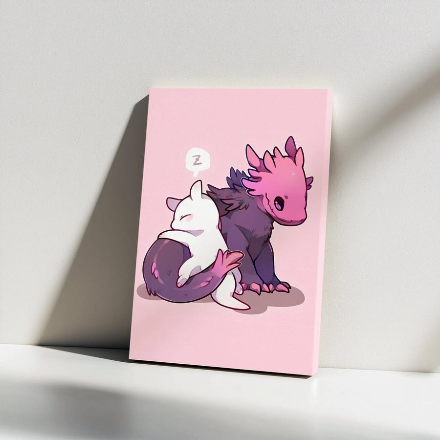 Kawaii Axolotl Wall Art | Sleeping Cute Creature Cuddling Illustration | Premium Stretched Canvas Print | Aesthetic Bedroom Decor Gift for Teens