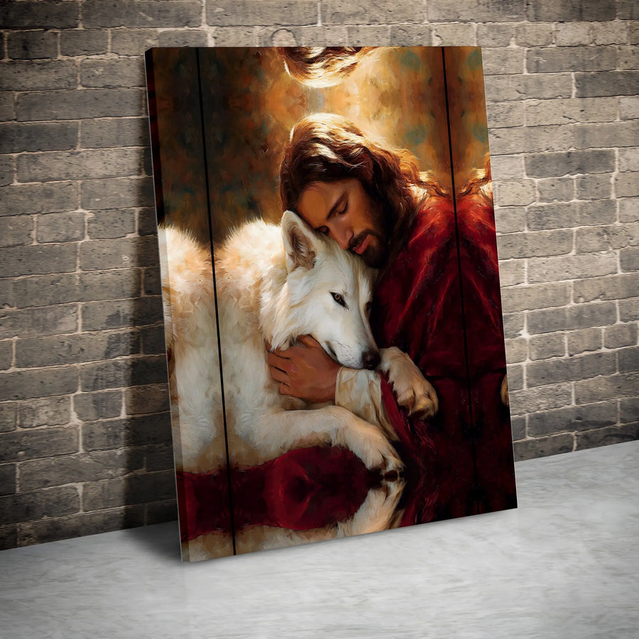 Jesus and Wolf Canvas Wall Art | Spiritual Painting Print with Divine Embrace | Premium Christian Art | Faith Based Home Decor Gift