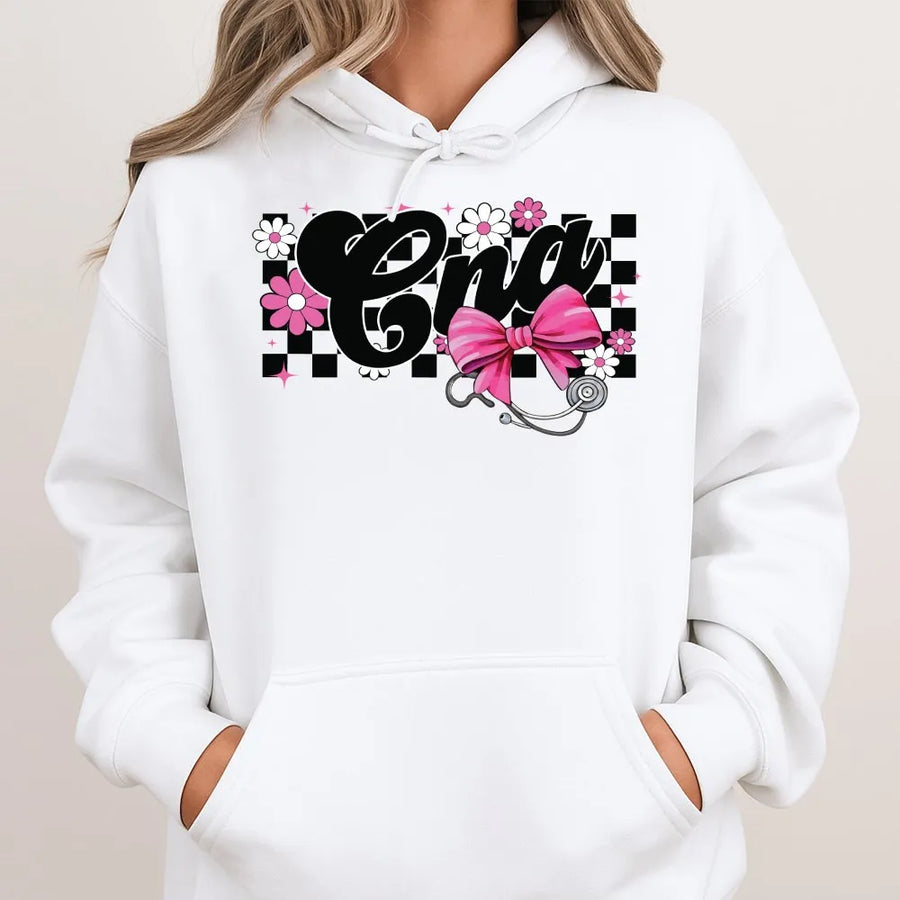 CNA Nurse Hoodie | Coquette Bow and Flower Checkered Design | Premium Cotton Blend | Gift for Nursing Assistant, Medical Student, Graduation