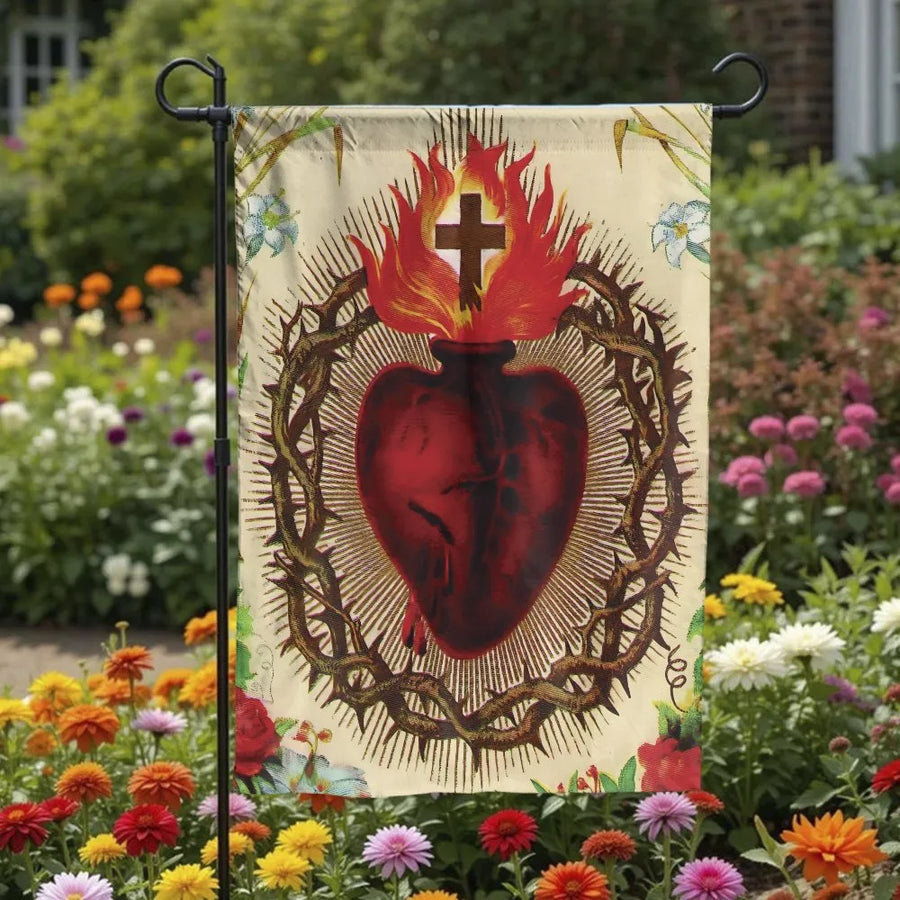 Sacred Heart of Jesus Garden Flag | Vintage Religious Art with Crown of Thorns | Weather-Resistant Polyester | Catholic Home & Yard Decor Gift