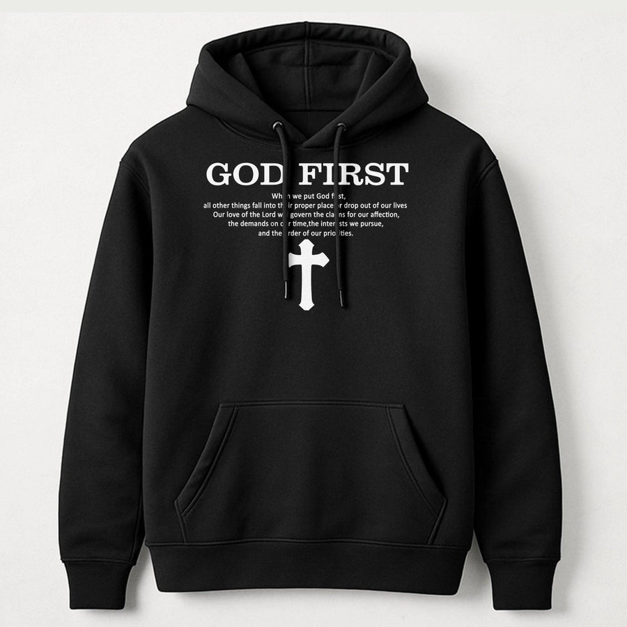 God First Christian Hoodie | Religious Cross Graphic Faith Quote | Soft Cotton-Poly Blend Sweatshirt | Inspirational Gift for Men & Women