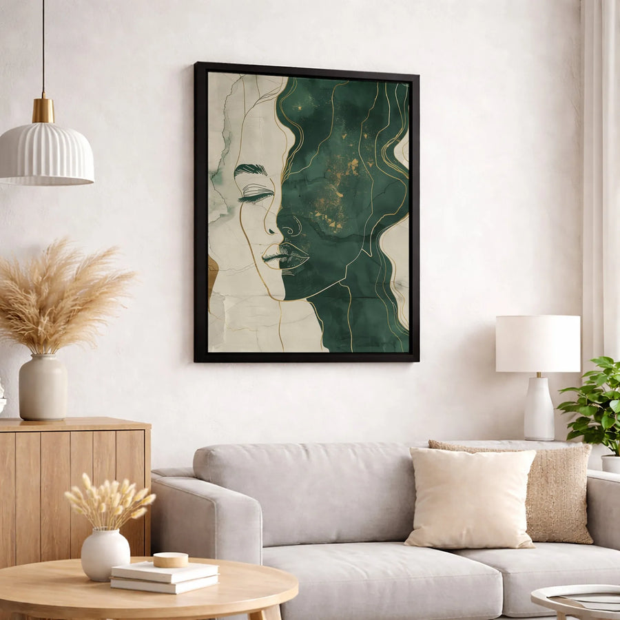 Abstract Woman Face Canvas Wall Art | Emerald Green and Gold Line Drawing | Premium Gallery Wrapped Decor | Modern Aesthetic Home Gift