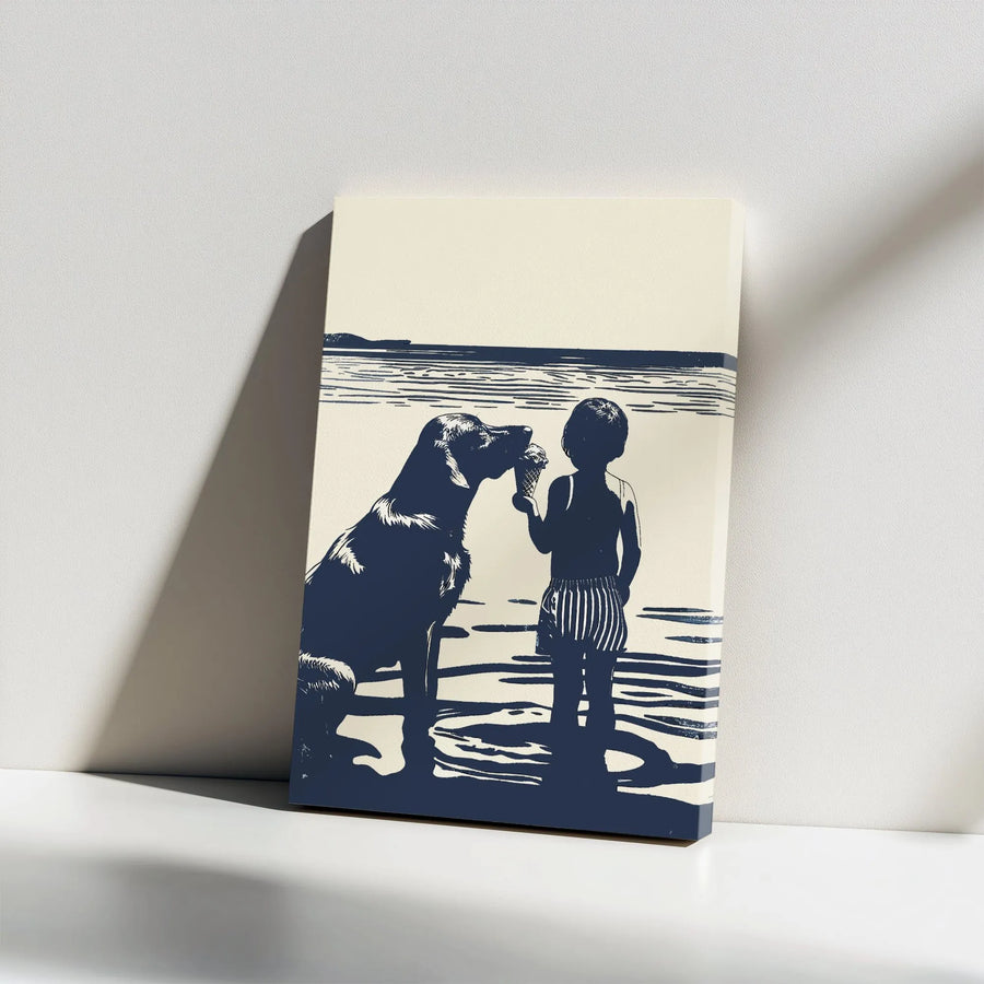 Boy and Dog Beach Canvas Art | Retro Minimalist Summer Scene Print | Premium Thick Gallery Canvas | Nostalgic Wall Decor Gift for Dog Lovers