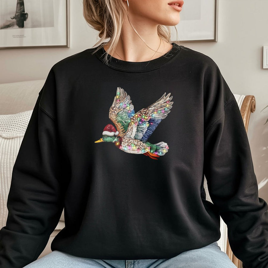 Mallard Duck Christmas Sweatshirt | Rhinestone Style Graphic Bird | Premium Cotton Blend | Gift For Bird Watcher And Hunter Lovers