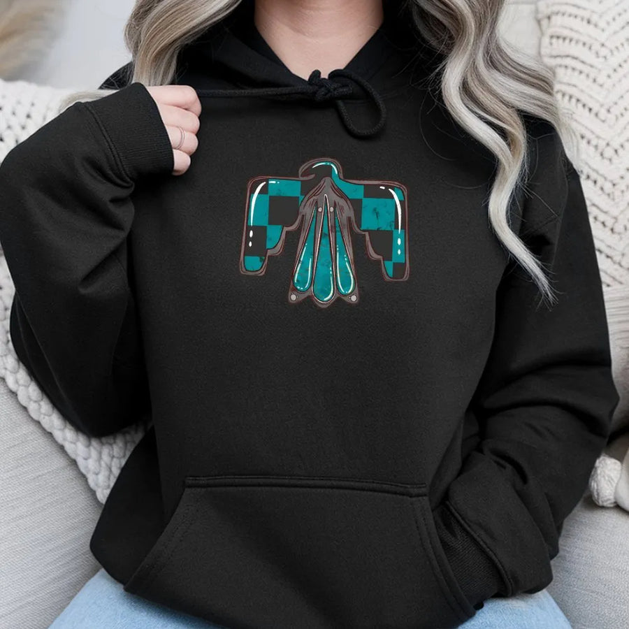 Checkered Thunderbird Hoodie | Western Turquoise Bird Graphic | Premium Cotton Blend | Cowgirl Aesthetic Western Gift for Women