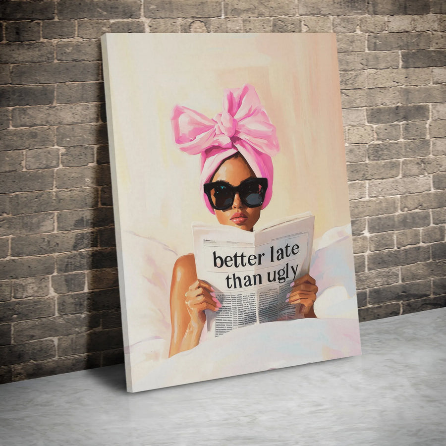 Better Late Than Ugly Wall Art | Stylish Woman with Pink Towel Wrap Decor | Premium Gallery-Wrapped Canvas | Funny Bedroom Bathroom Wall Decor Gift