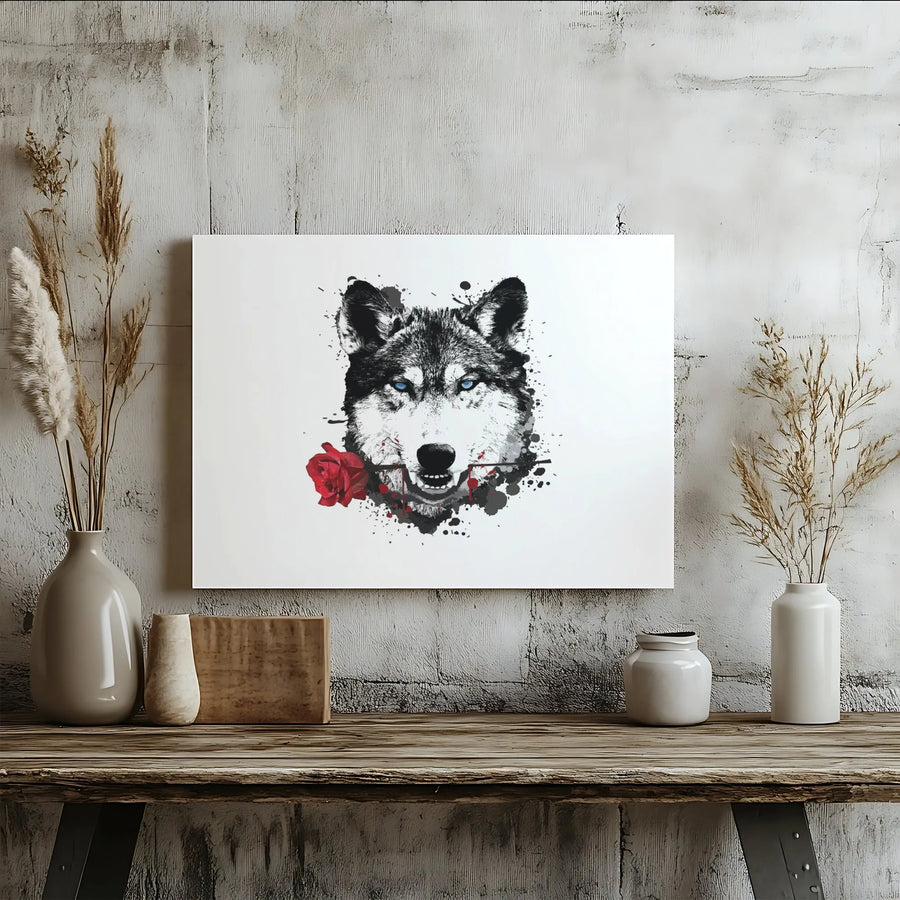 Wolf Wall Art Canvas | Ink Splatter Blue Eyes Red Rose Design | Premium Gallery-Wrapped Print | Wildlife Home Decor Gift for Animal Lovers