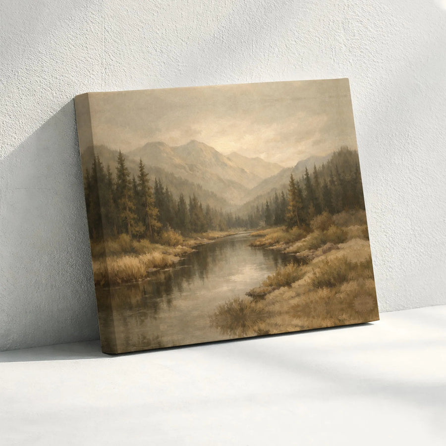 Vintage Mountain Landscape Canvas Art | Muted Earth Tone River Painting | Premium Gallery Wrapped Canvas | Rustic Farmhouse Decor Gift