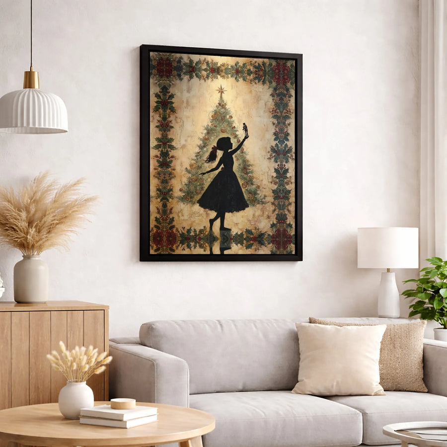 Nutcracker Christmas Wall Art | Vintage Girl Silhouette with Tree | Premium Gallery Wrapped Canvas | Holiday Home Decor Gift