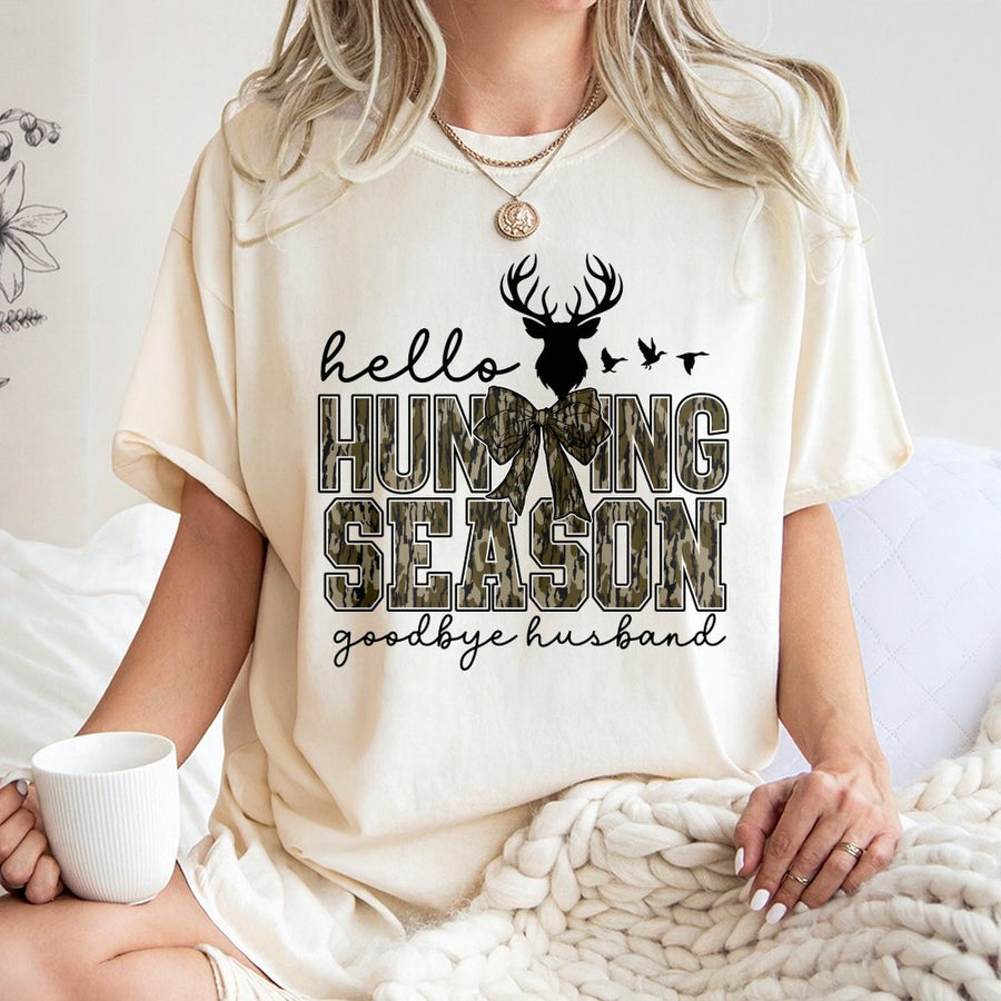 Hello Hunting Season Goodbye Husband T-Shirt | Camo Coquette Bow Graphic Tee | Premium Cotton Casual Wear | Funny Hunting Gift for Women