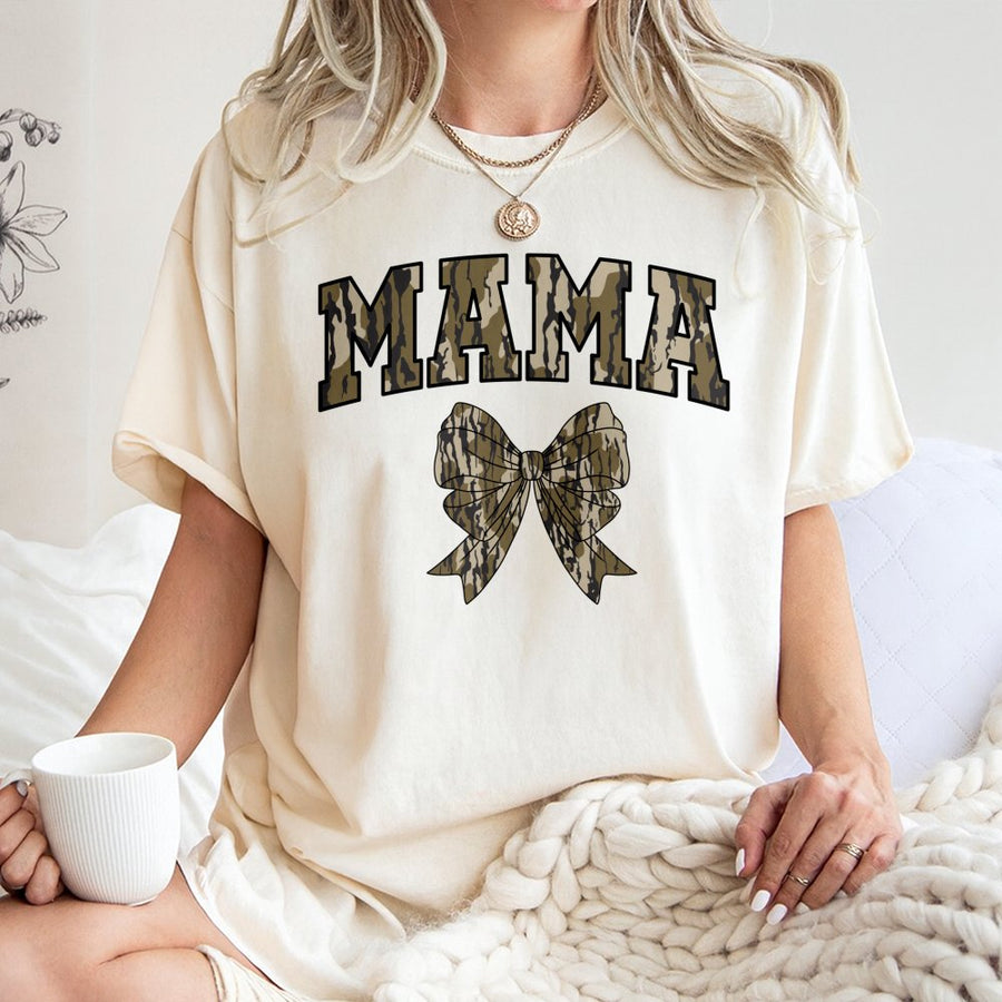 Camo Mama T-Shirt | Trendy Camouflage Bow Graphic | Premium 100% Cotton Tee | Gift for Outdoorsy Mom, Hunter Wife, Country Style Outfit