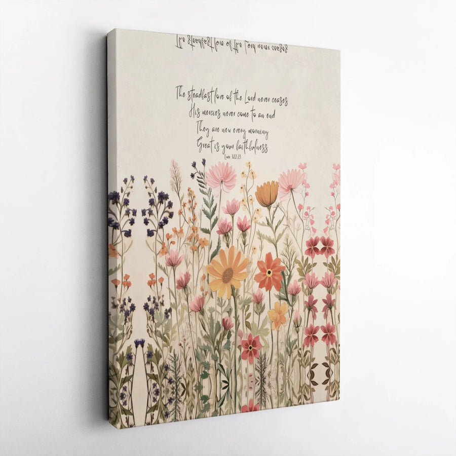 Lamentations 3:22-23 Bible Verse Wall Art | Vintage Wildflower Floral Canvas Print | Premium 1.25" Gallery Wrap | Christian Home Decor Gift