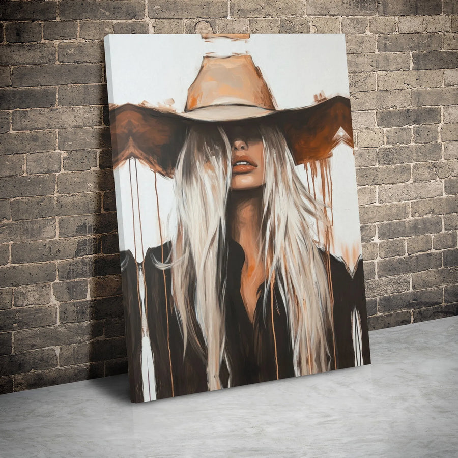 Western Cowgirl Canvas Wall Art | Abstract Blonde Woman In Cowboy Hat | Premium Gallery Wrap Print | Modern Boho Home Decor Gift