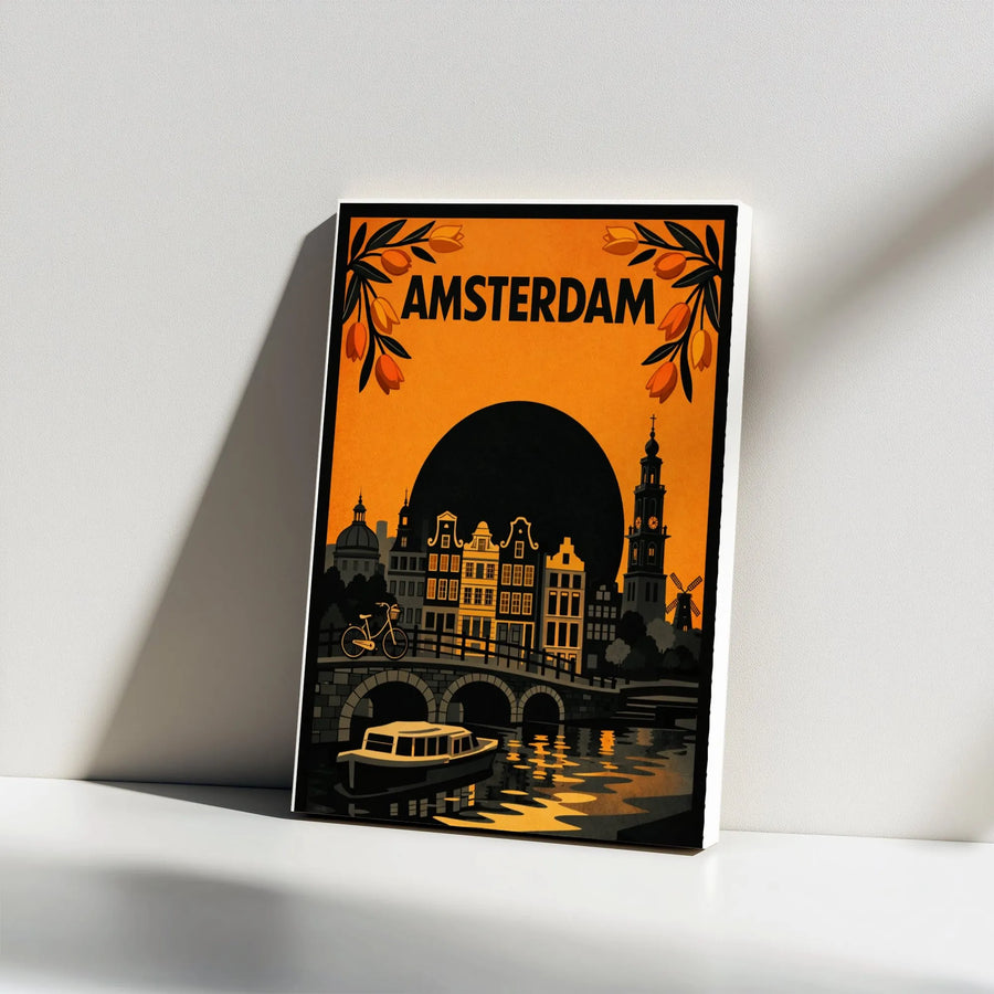 Amsterdam Canvas Wall Art | Retro Netherlands Travel Poster Print | Premium 1.25" Thick Gallery Canvas | Home Decor Gift for Traveler