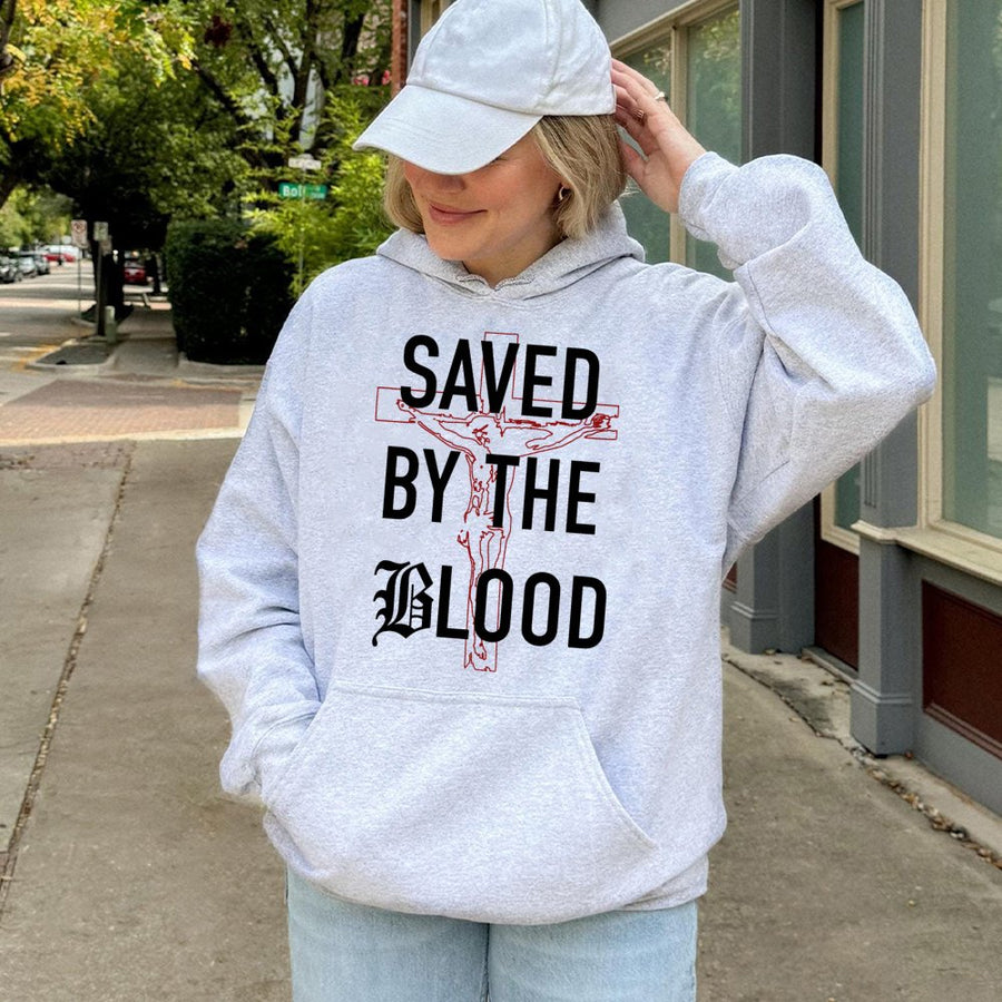 Saved By The Blood Hoodie | Religious Cross Jesus Graphic | Premium Cotton Blend | Christian Faith Gift For Men & Women