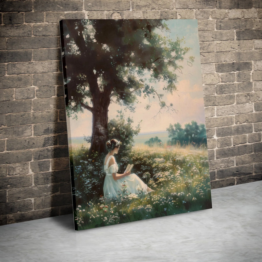 Woman Reading Under Tree Canvas Wall Art | Whimsical Wildflower Field Print | Premium Gallery-Wrapped Decor | Aesthetic Cottagecore Gift For Book Lovers