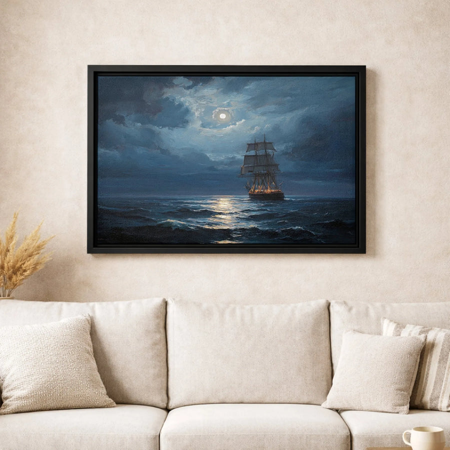 Tall Ship Sailing Canvas Print | Moonlit Ocean Nautical Art | Premium 1.25-Inch Gallery Wrap | Coastal Wall Decor for Bedroom or Living Room