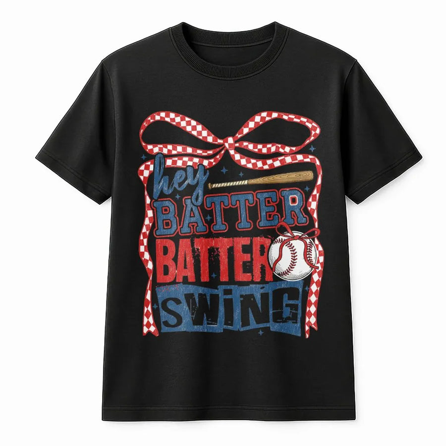 Hey Batter Batter Swing Baseball T-Shirt | Retro Coquette Bow Graphic Design | Premium Cotton Tee | Game Day Gift for Baseball Mom & Softball Fan