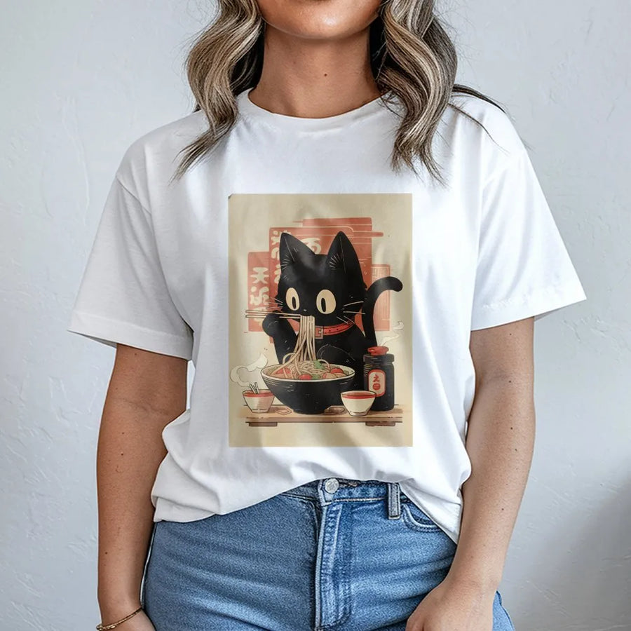Black Cat Ramen T-Shirt | Kawaii Anime Noodle Graphic Design | Premium Cotton Unisex Apparel | Cute Japanese Foodie Gift for Cat Lovers
