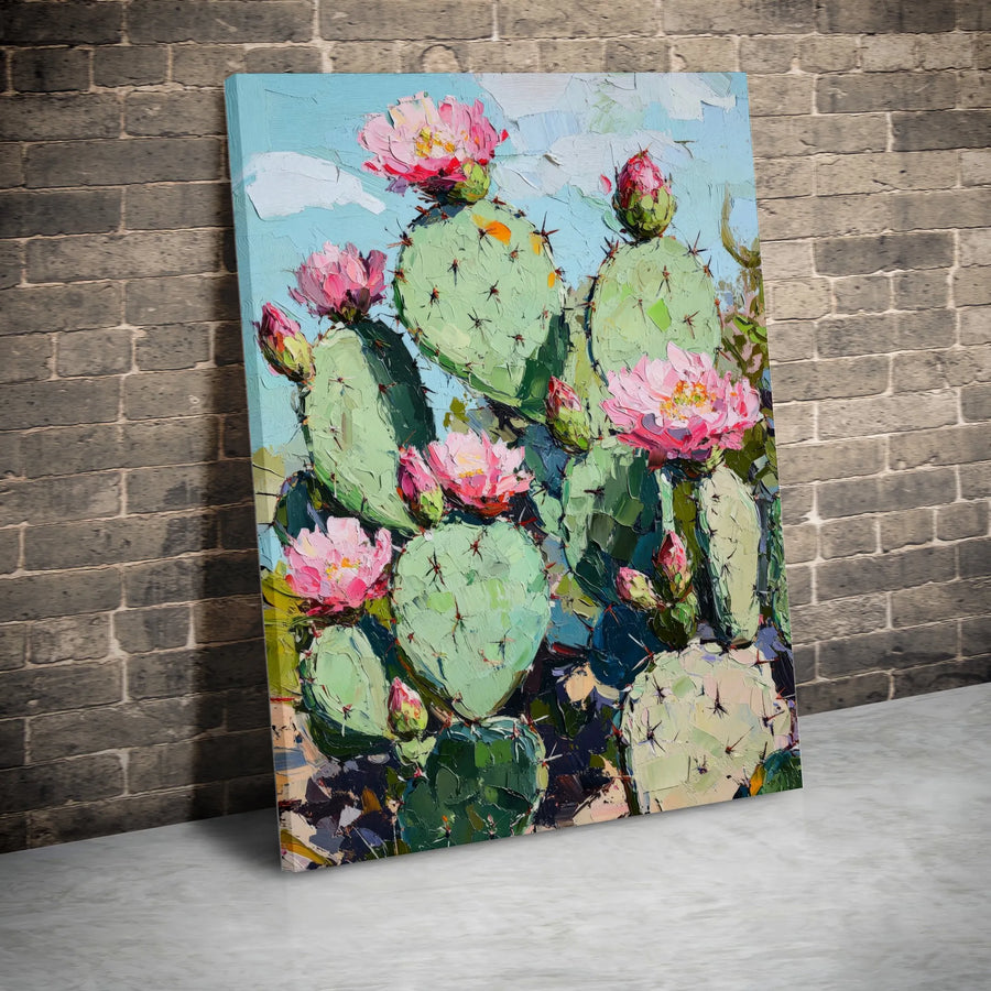 Prickly Pear Cactus Wall Art | Impasto Floral Canvas Print | Gallery-Quality Thick Profile | Southwest Desert Home Decor Gift