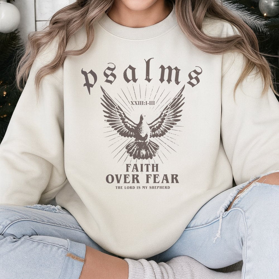 Faith Over Fear Sweatshirt | Psalms 23 Christian Verse Dove Graphic | Premium Cotton Blend Crewneck | Religious Gift for Men and Women