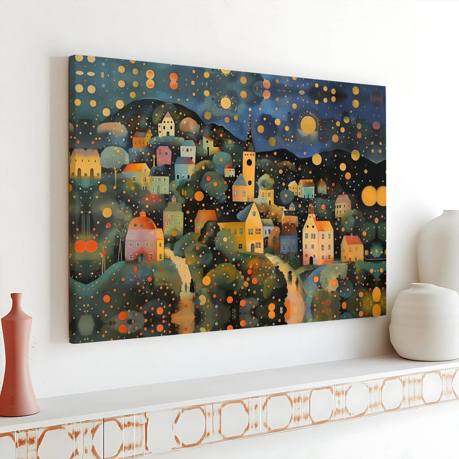 Whimsical Folk Art Canvas Wall Art | Glowing Village Night Scene | Premium Gallery Wrap Print | Dreamy Bedroom Decor Gift