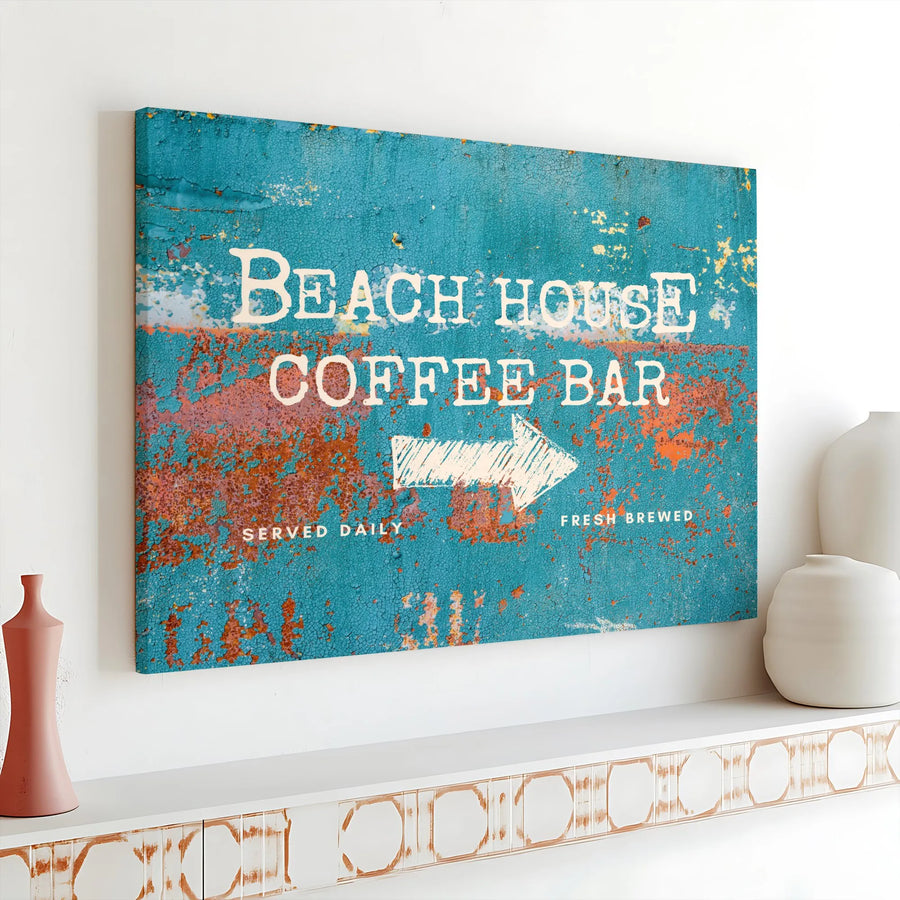 Beach House Coffee Bar Canvas | Rustic Coastal Sign Art with Distressed Look | Premium Gallery Wrapped Print | Gift for Kitchen & Dining Room Decor