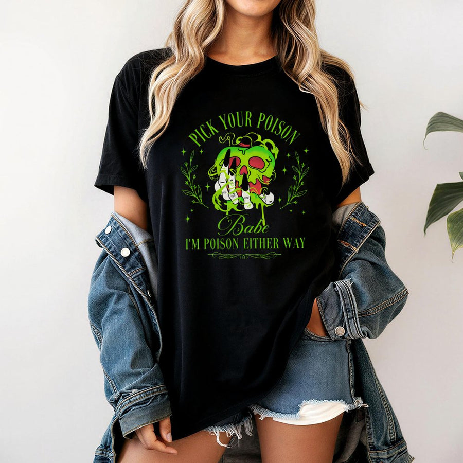 Pick Your Poison T-Shirt | Gothic Witchy Apple Graphic | Premium 100% Cotton Tee | Spooky Halloween Gift for Her Women Alternative Fashion