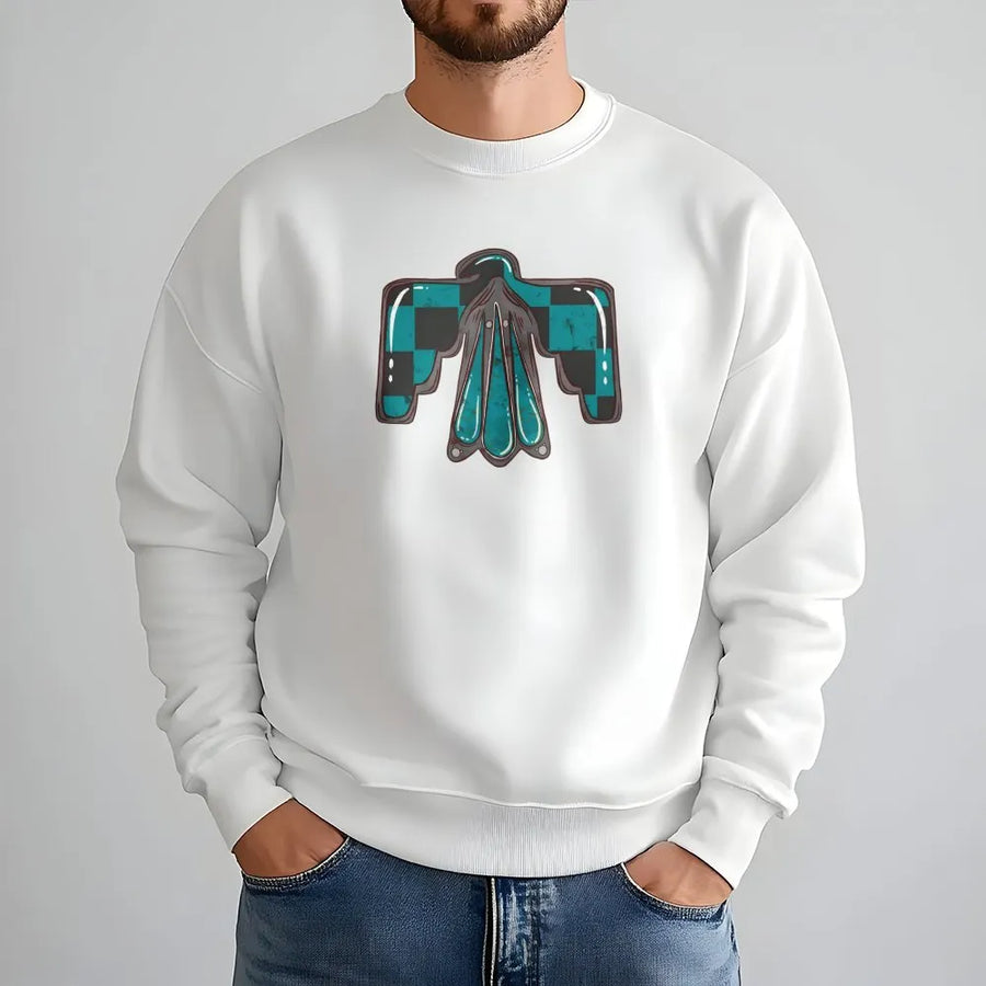 Checkered Thunderbird Sweatshirt | Western Boho Graphic Print | Cotton Blend Crewneck | Southwestern Style Gift For Her