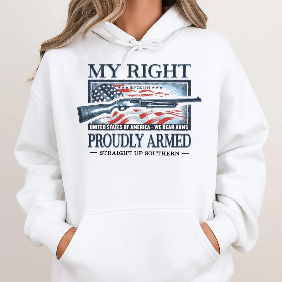 Proudly Armed Hoodie | Second Amendment Patriotic Design | Premium Cotton Blend | Gift For Gun Enthusiasts And Veterans