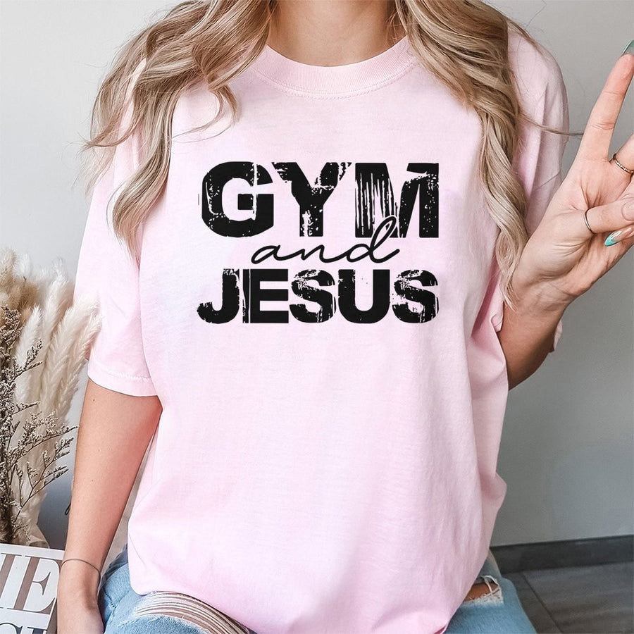 Gym and Jesus T-Shirt | Distressed Graphic Faith Workout Shirt | 100% Cotton Premium Tee | Christian Fitness Gift for Men and Women