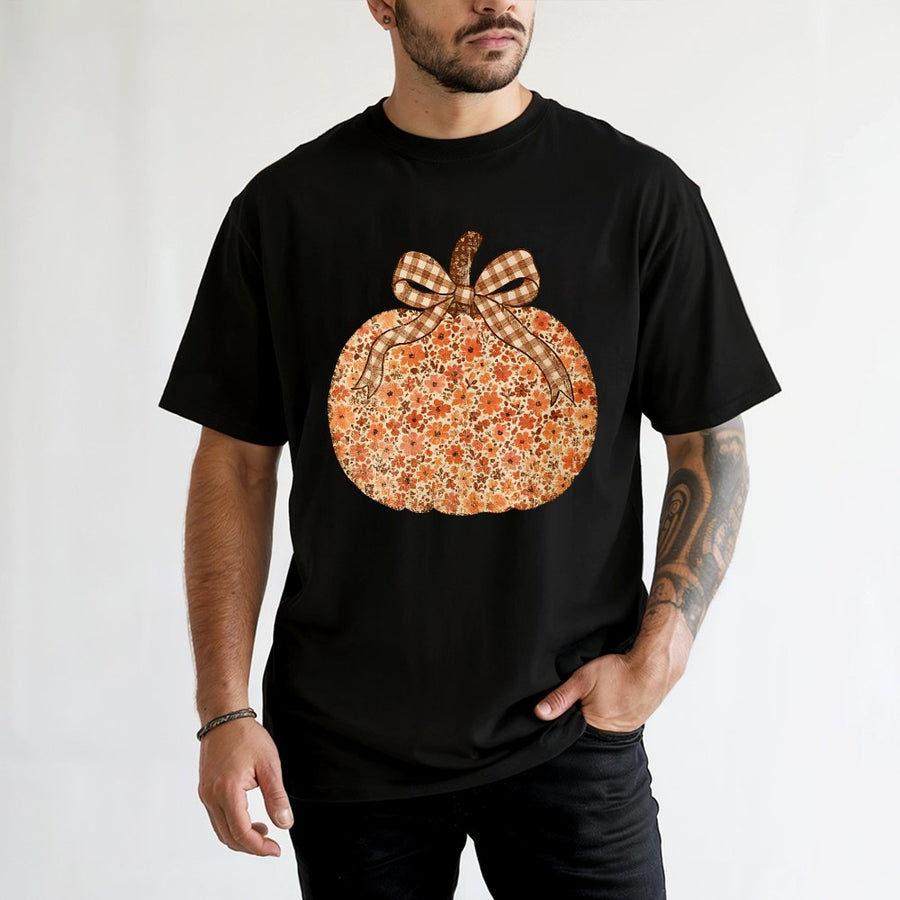 Floral Pumpkin T-Shirt | Boho Fall Gingham Bow Graphic | 100% Cotton Premium Tee | Cute Autumn Thanksgiving Gift for Women