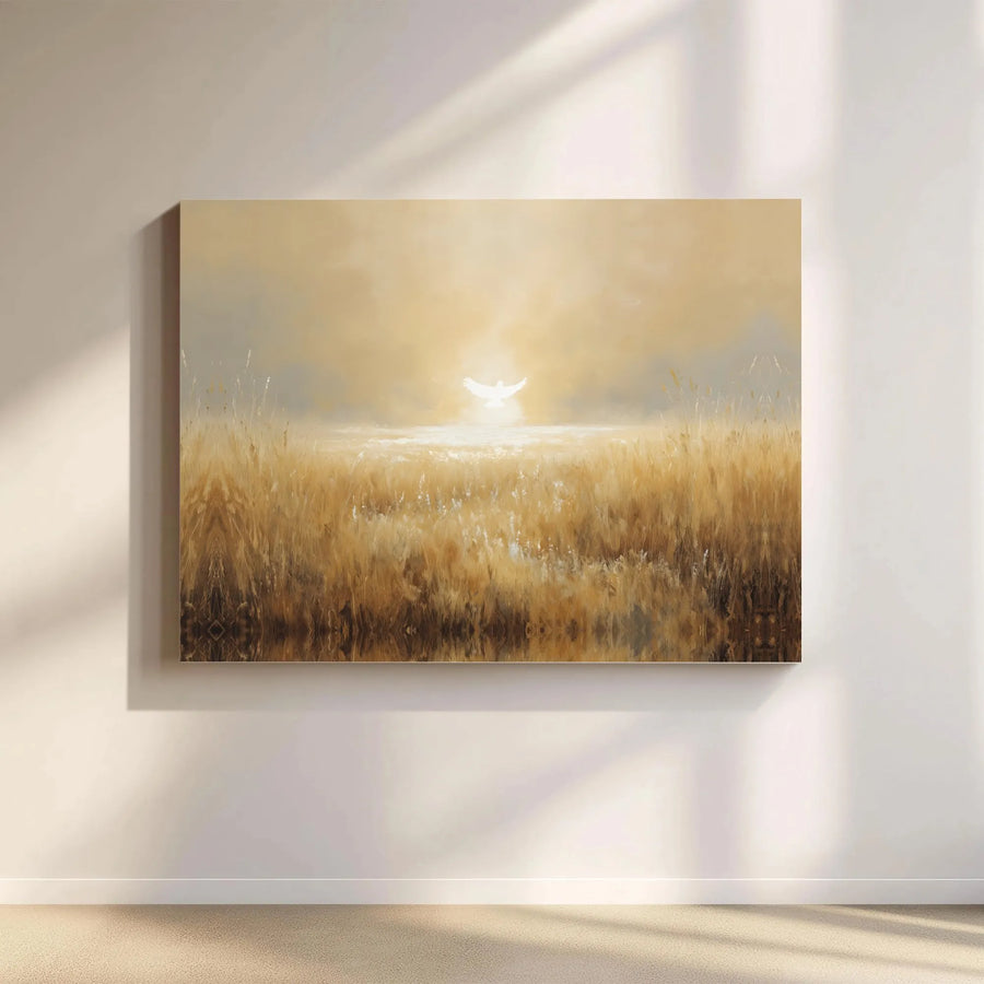 Dove Over Wheat Field Canvas Print | Religious Spiritual Wall Art | Premium Fade-Resistant Gallery Wrap | Peaceful Home Decor Gift