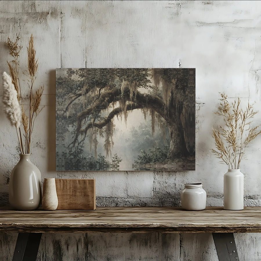 Misty Southern Oak Canvas Art | Moody Spanish Moss Landscape | Premium Gallery Wrap Wall Decor | Nature-Inspired Home Office Wall Hanging