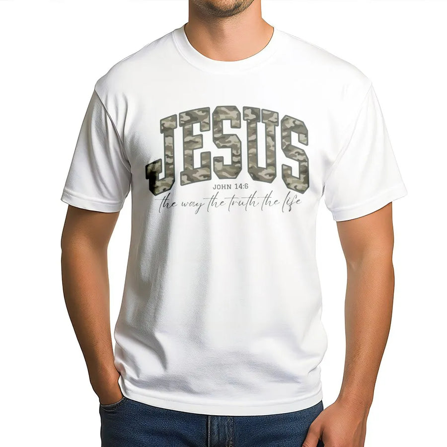 Jesus Camo T-Shirt | John 14:6 Bible Verse Graphic | Premium Cotton Unisex Apparel | Christian Faith Gift for Men and Women