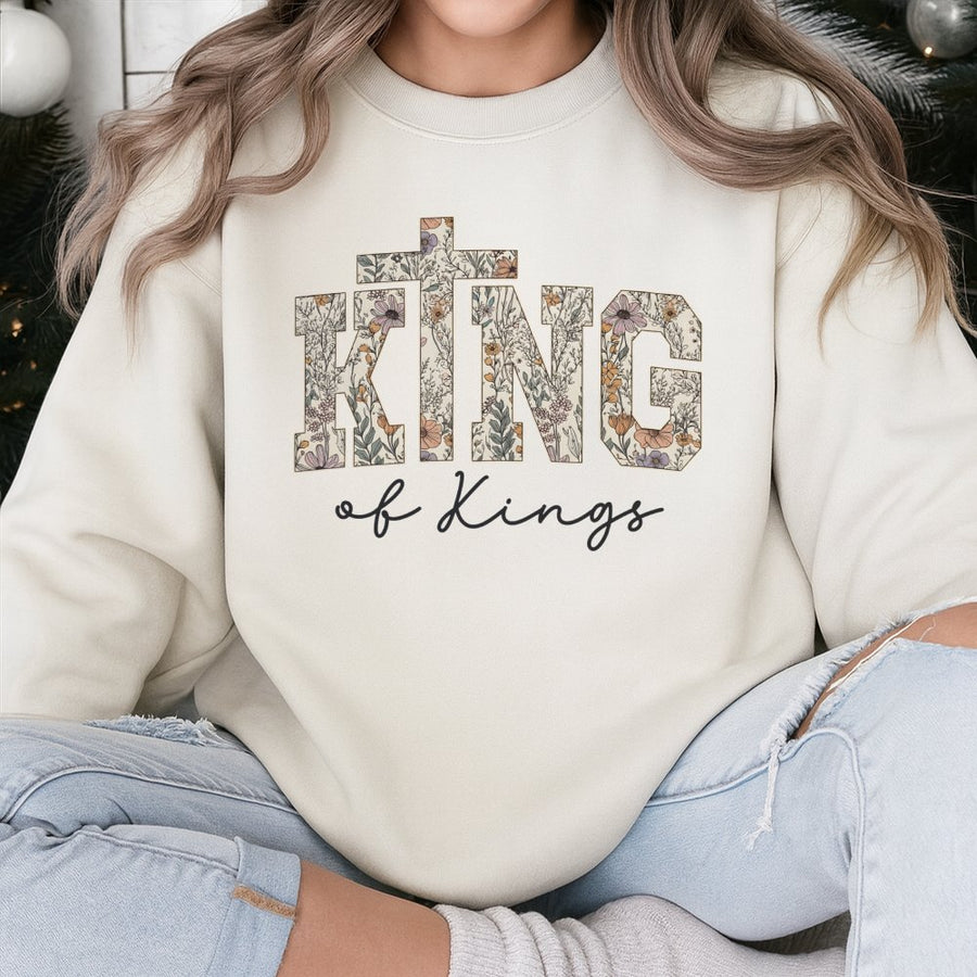 King of Kings Christian Sweatshirt | Floral Cross Religious Graphic | Premium Cotton Blend | Faith Based Gift for Women & Men
