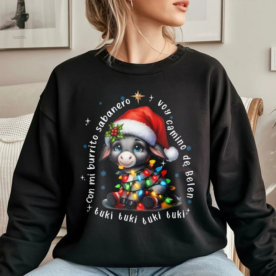 Mi Burrito Sabanero Sweatshirt | Cute Donkey Christmas Graphic | Premium Cotton Blend | Spanish Holiday Gift for Latino Families