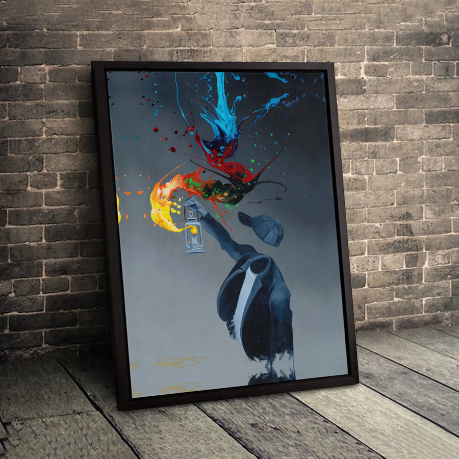 Invisible Man Canvas Wall Art | Colorful Paint Splash Lantern Decor | Premium Gallery Wrap Print | Modern Surreal Office & Living Room Gift