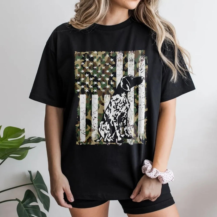 German Shorthaired Pointer T-Shirt | Distressed Camo American Flag Dog Design | 100% Soft Cotton Premium Tee | Unique Hunting Gift for GSP Dog Lovers